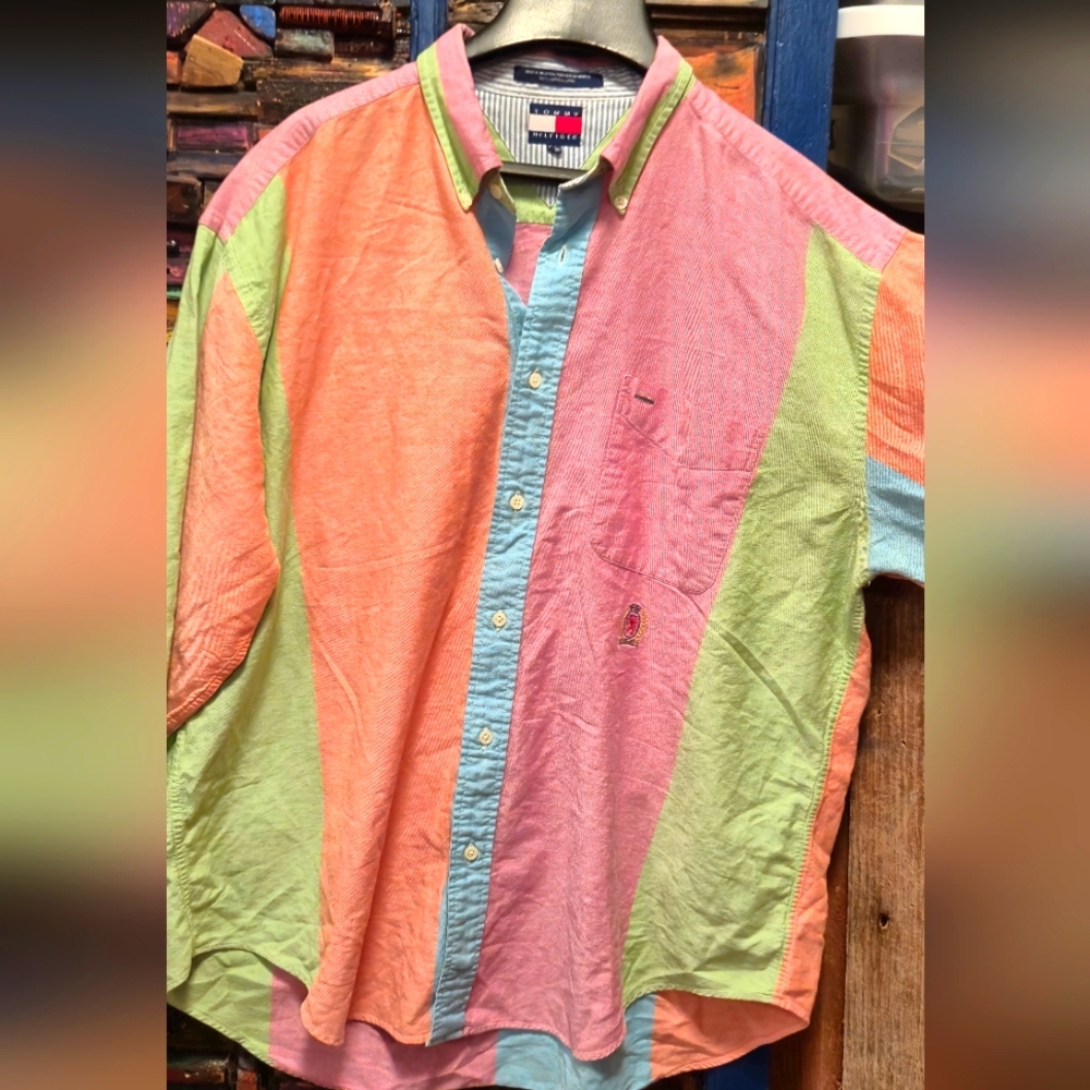 Tommy Hilfiger Pink and Orange Casual Button Down Shirt